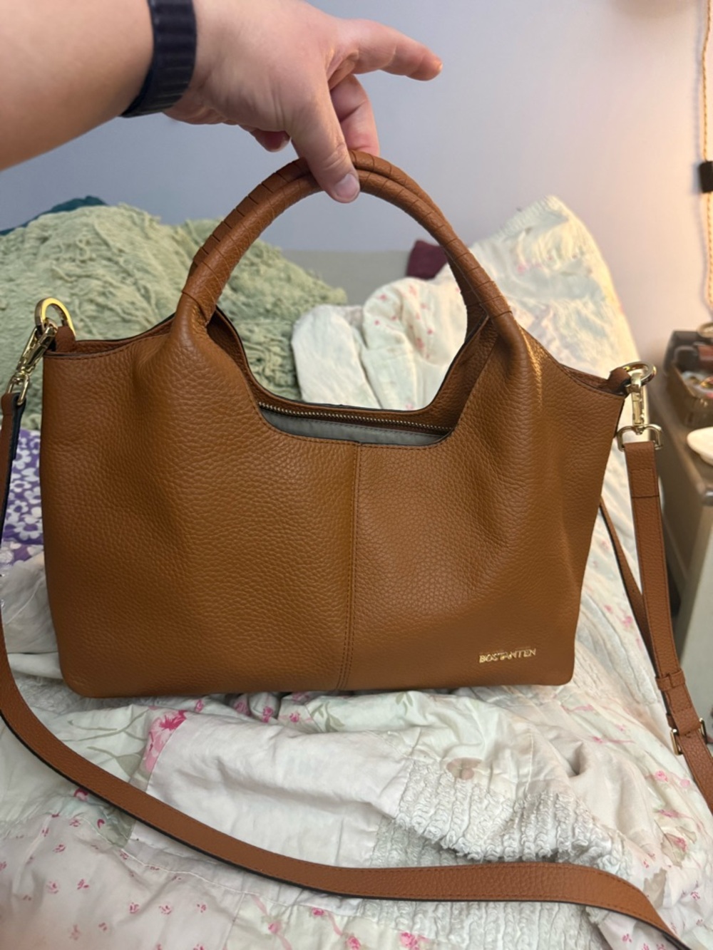 BOSTANTEN Nevin Genuine Leather Satchel Hobo In Cognac